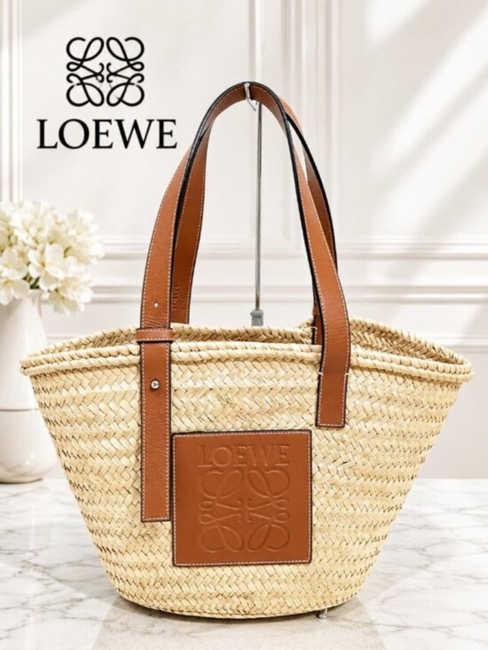 Authentic Loewe Large Basket Palm Leaf Leather Tote Bag